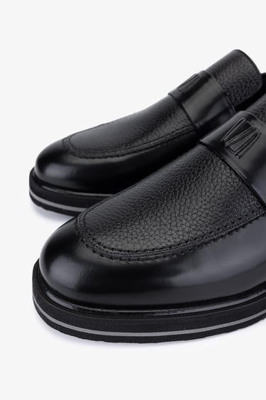  Valmenti Erkek Hakiki Deri Siyah Floter Loafer Ayakkabı