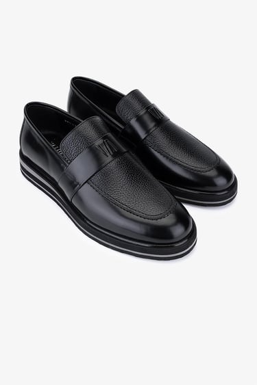  Valmenti Erkek Hakiki Deri Siyah Floter Loafer Ayakkabı