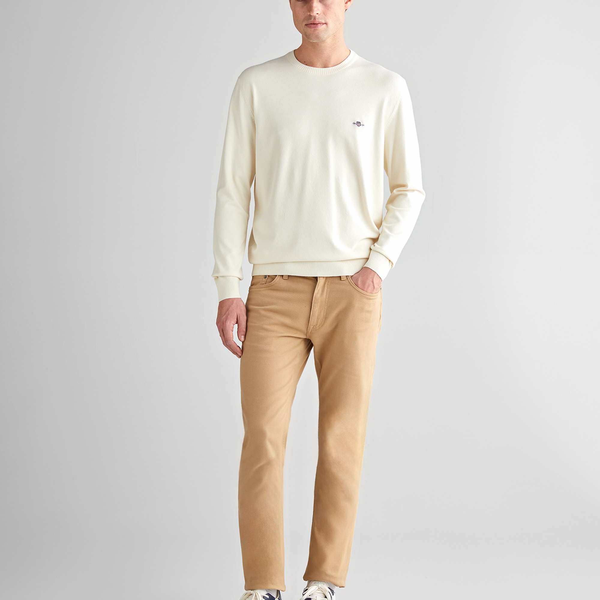 GANT Erkek Krem Standart Fit Bisiklet Yaka Triko