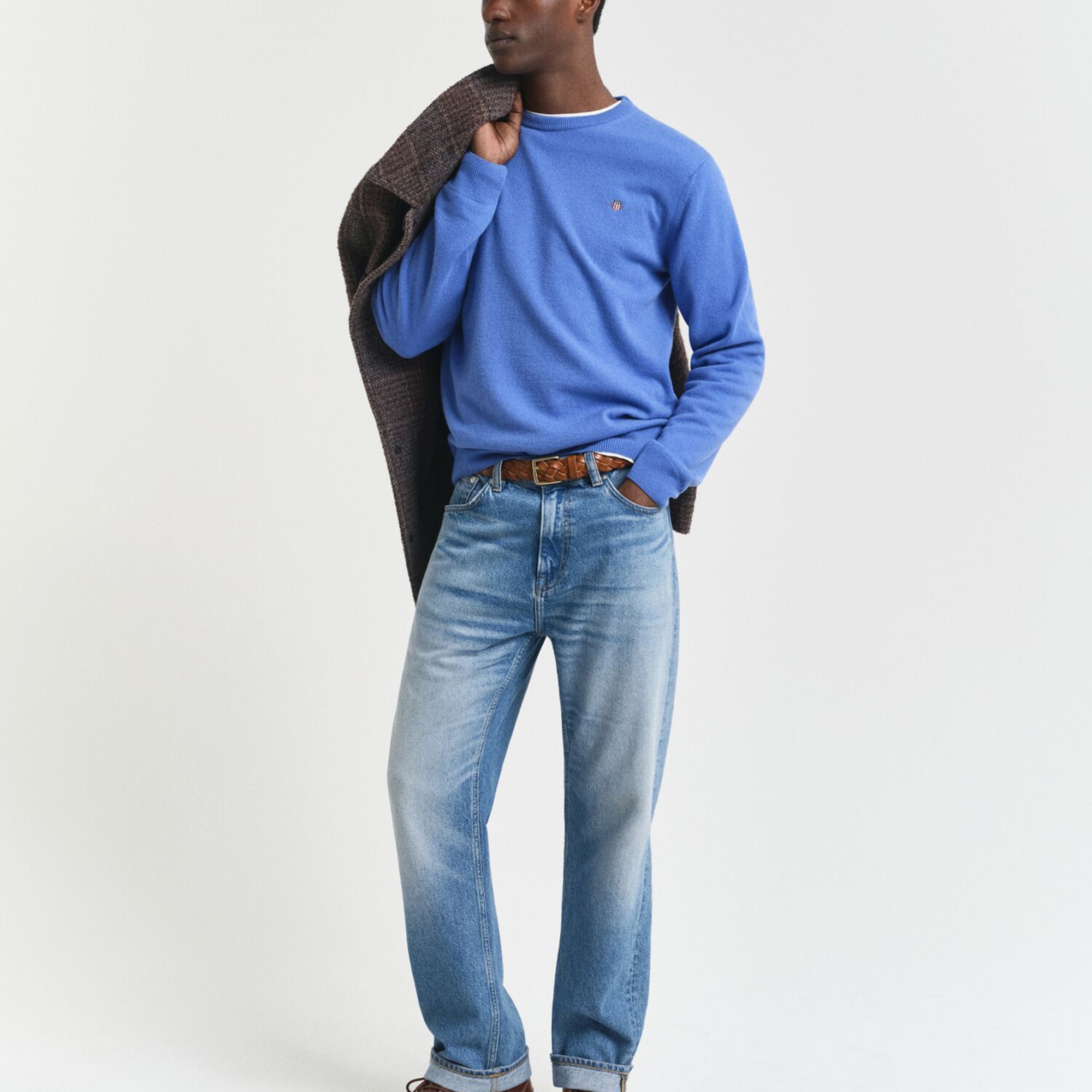 GANT Erkek Mavi Regular Fit Bisiklet Yaka Yün Kazak