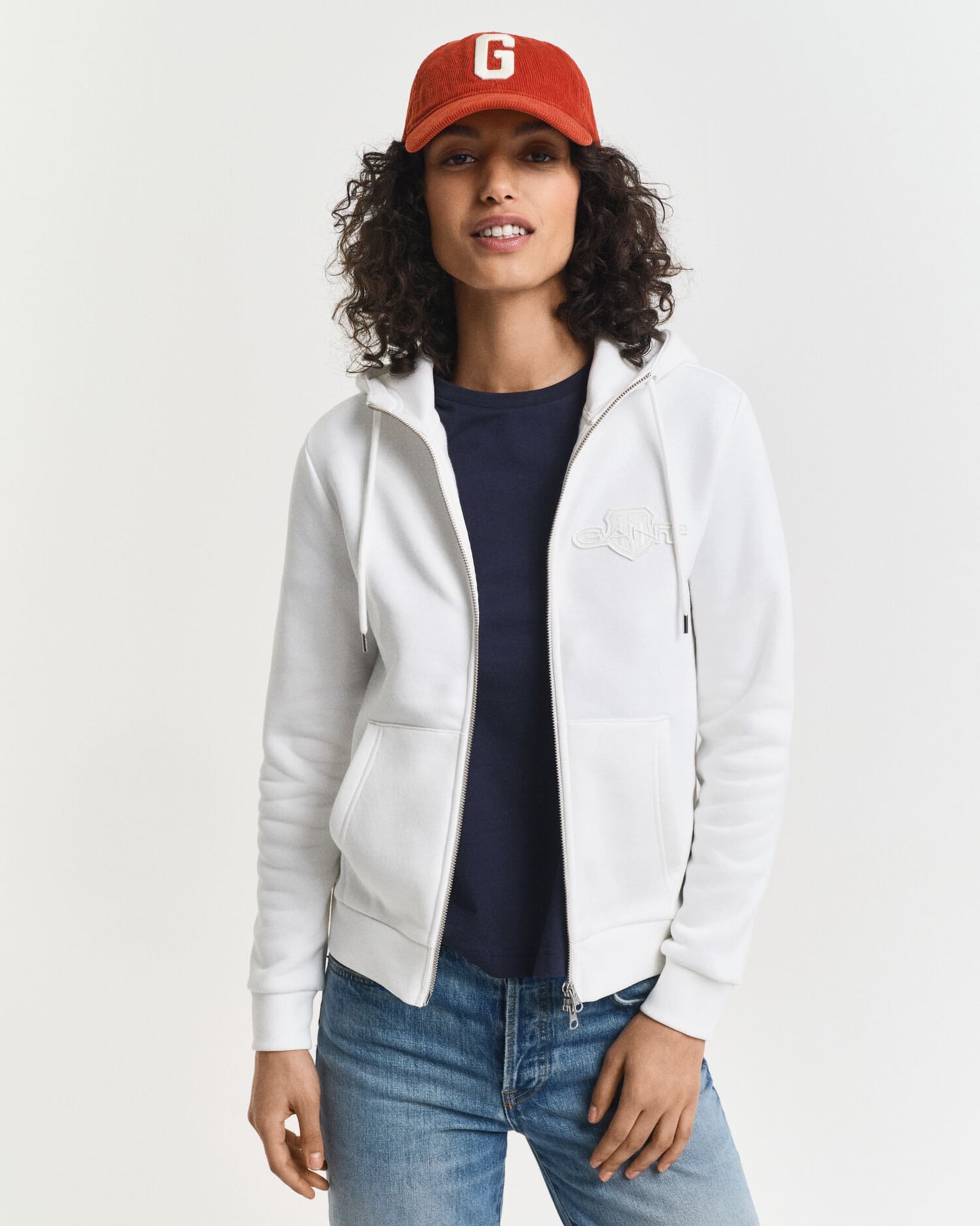  GANT Kadın Beyaz Regular Fit Kapüşonlu Fermuarlıı Sweatshirt