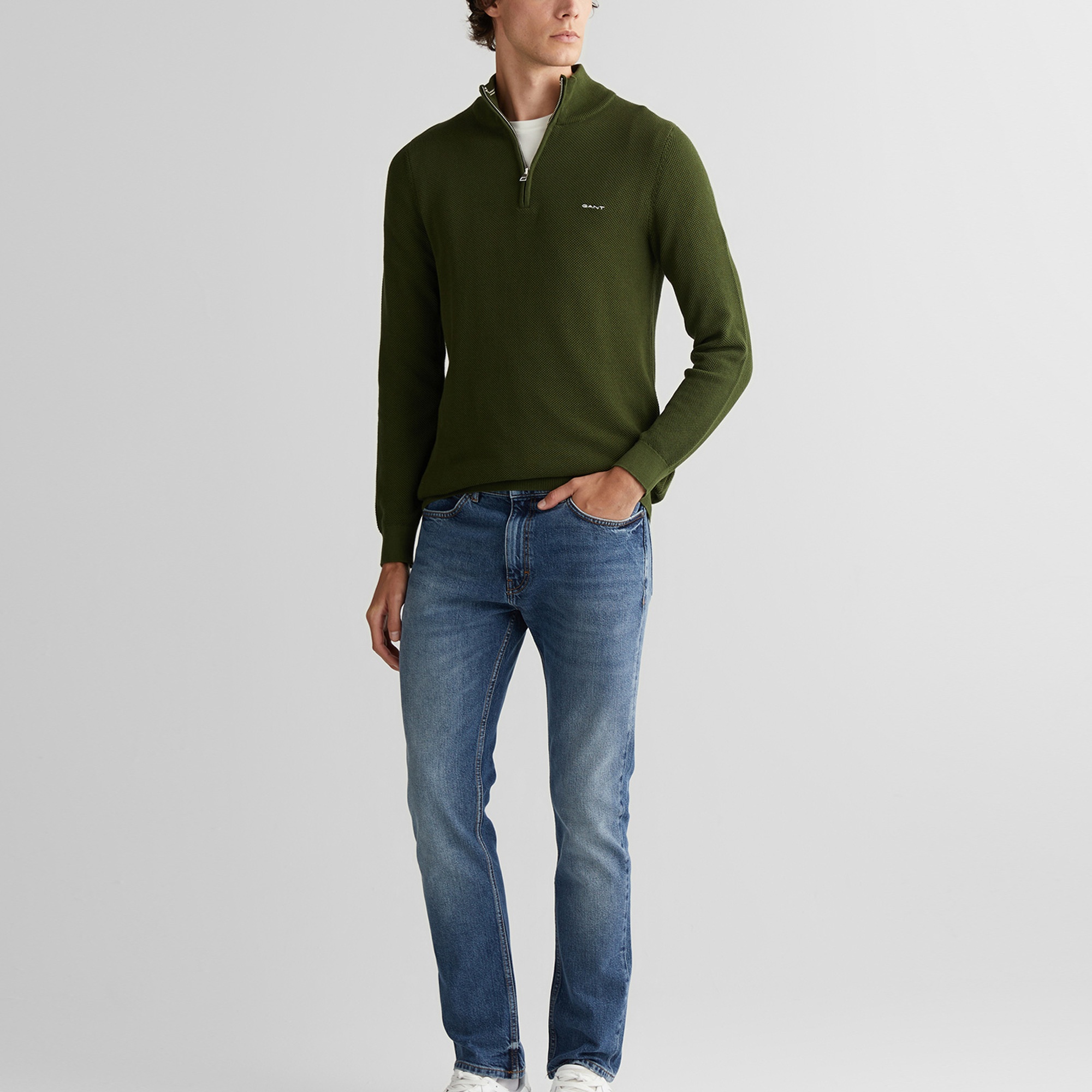 GANT Erkek Haki Regular Fit Yarım Fermuarlı Triko