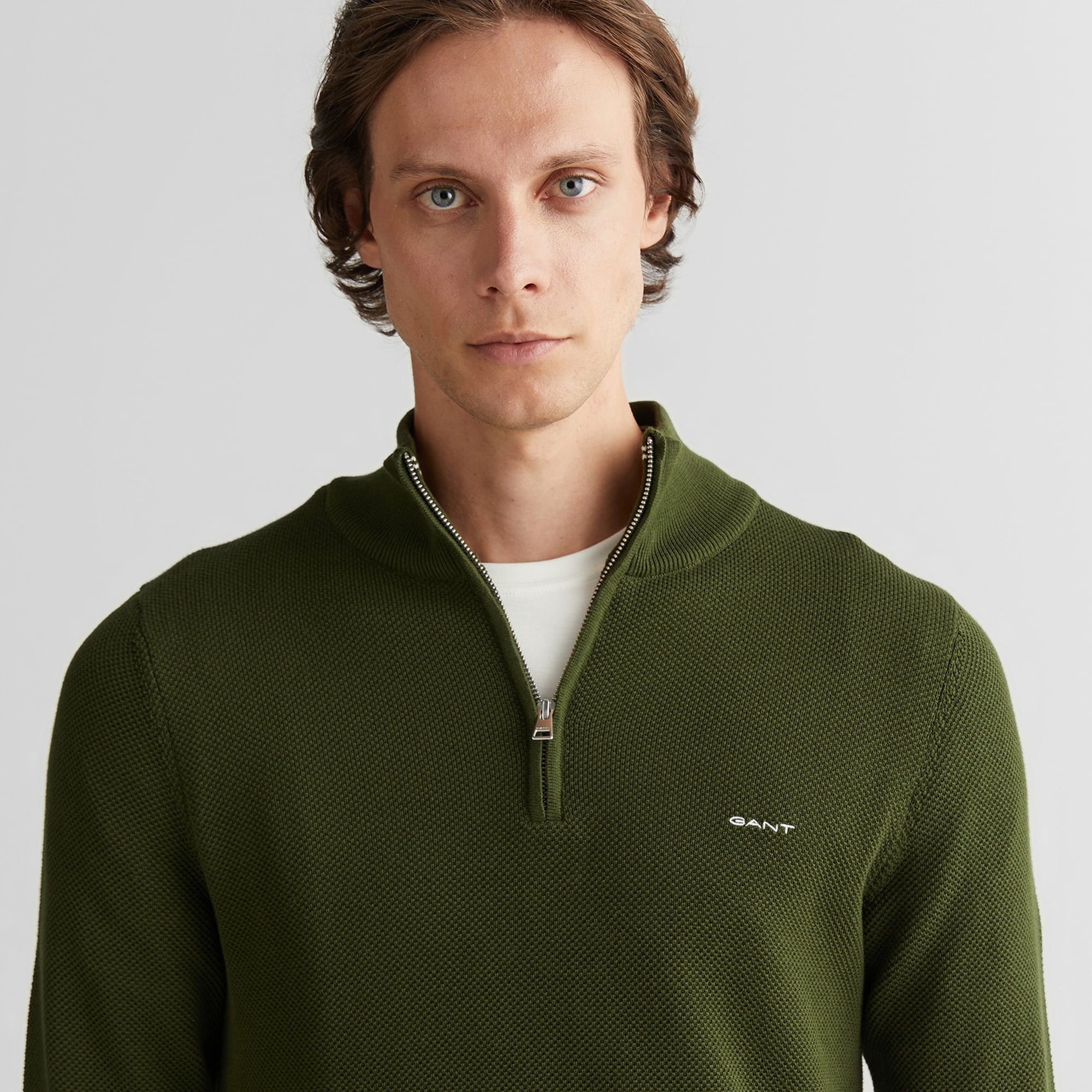 GANT Erkek Haki Regular Fit Yarım Fermuarlı Triko