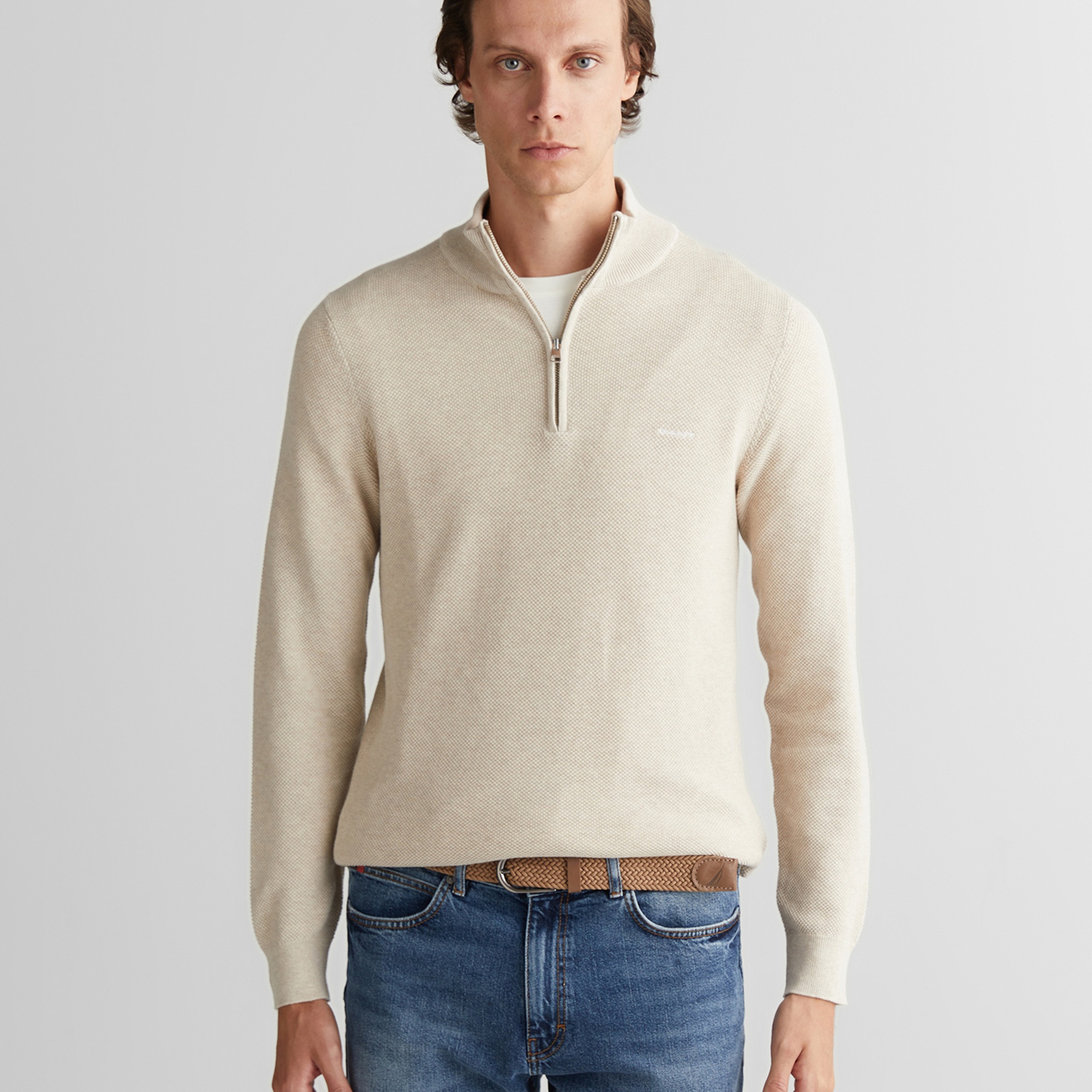 GANT Erkek Bej Regular Fit Yarım Fermuarlı Triko