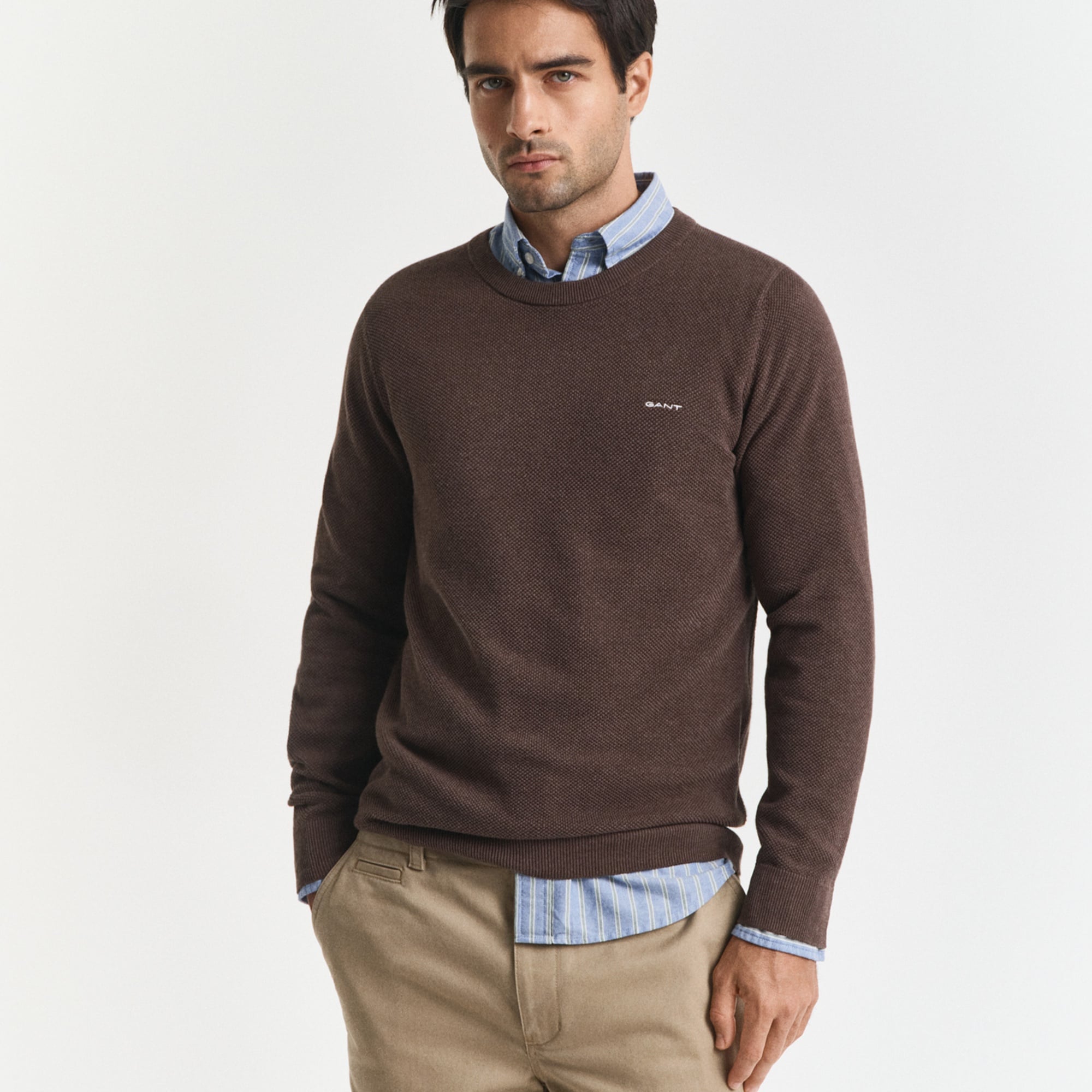 GANT Erkek Kahverengi Regular Fit Bisiklet Yaka Triko