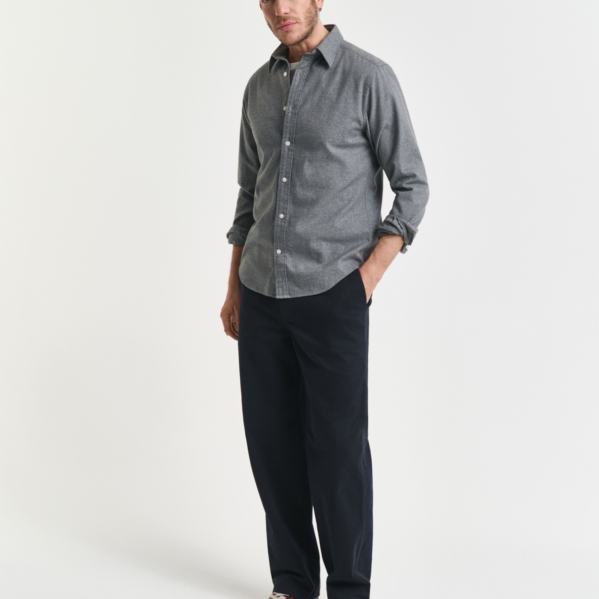 GANT Erkek Gri Regular Fit Bisiklet Yaka Gömlek