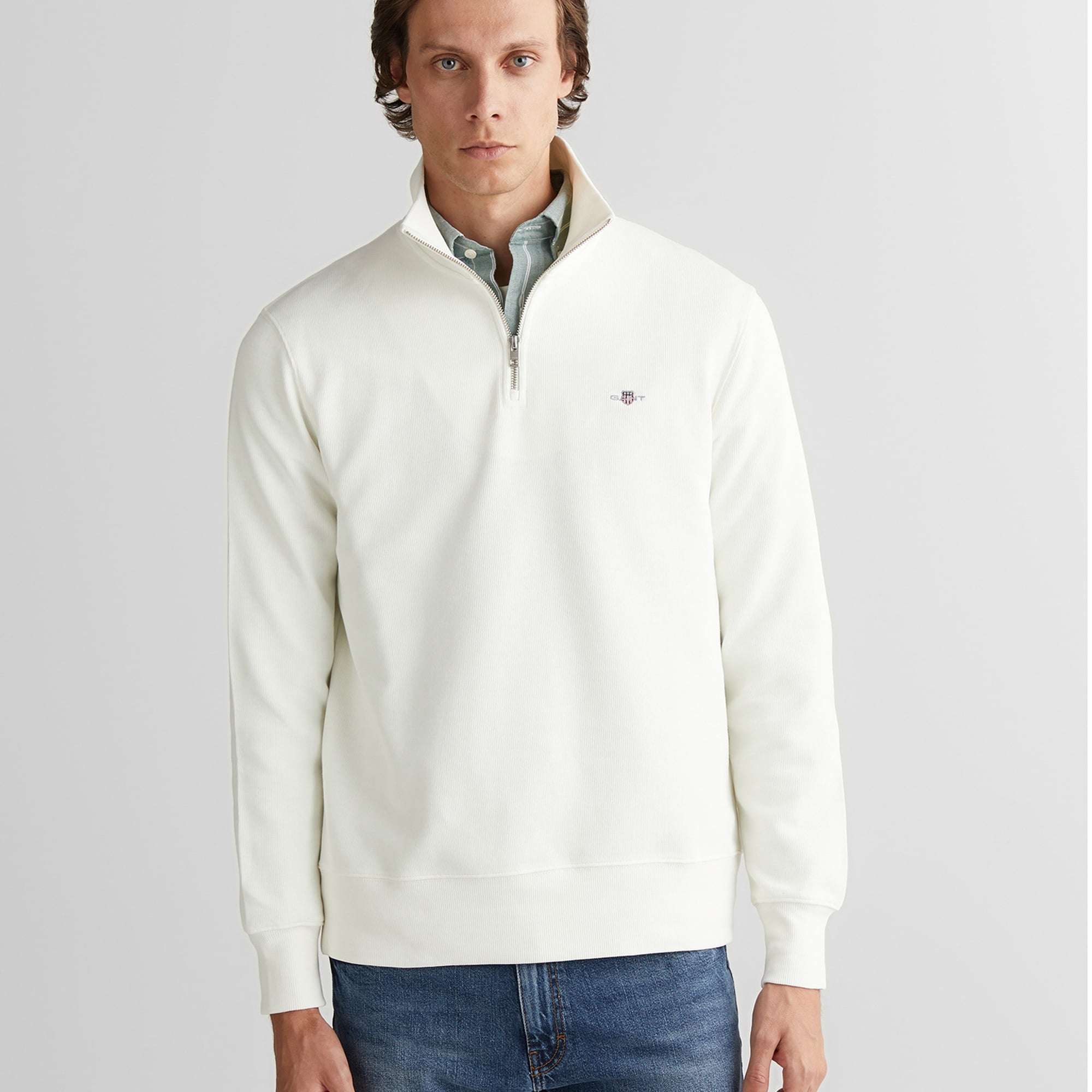 GANT Erkek Beyaz Regular Fit Yarım Fermuarlı Sweatshirt