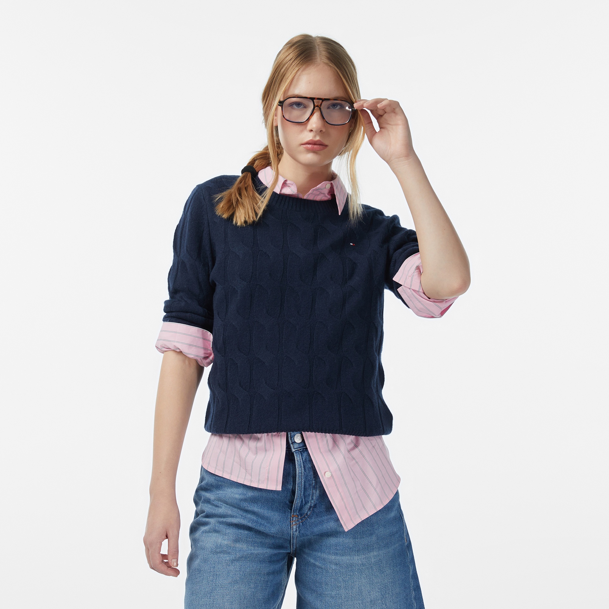 Tommy Hilfiger Soft Wool Cable Kadın Lacivert Kazak