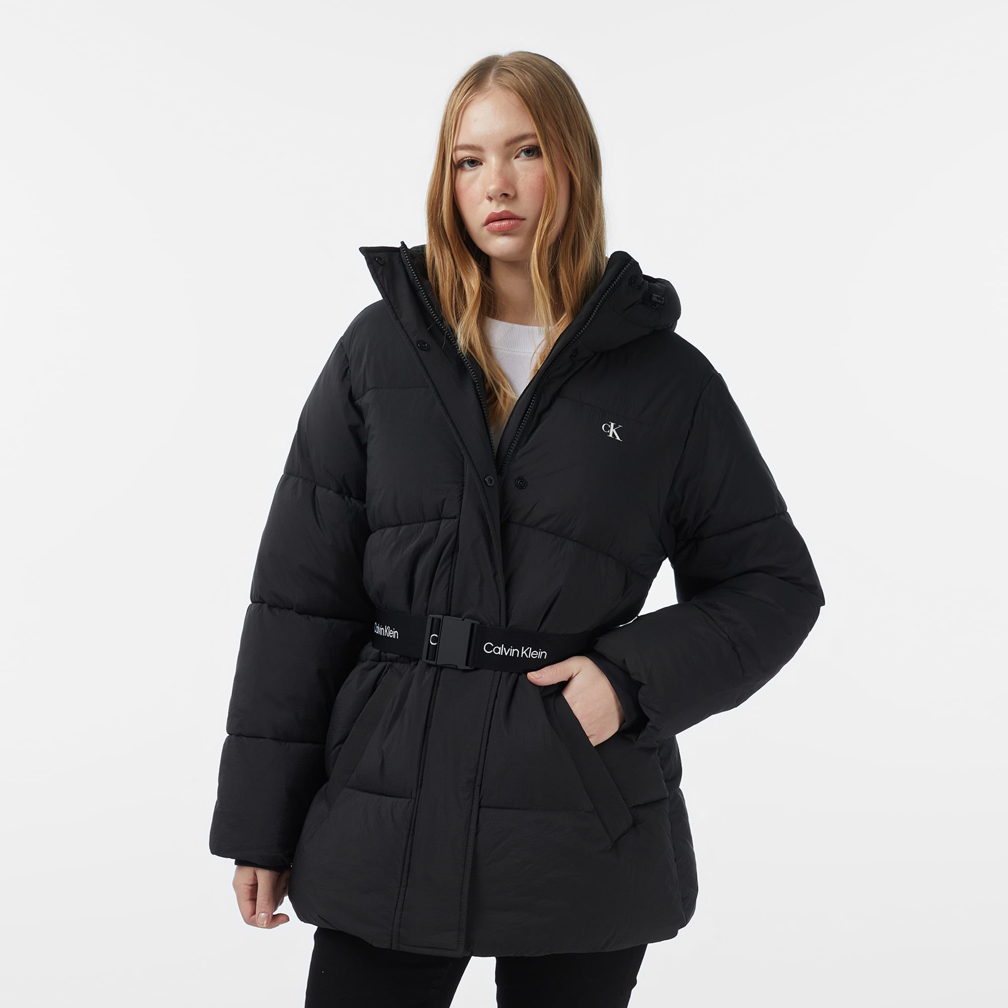  Calvin Klein Belted Midweight Puffer Kadın Siyah Mont