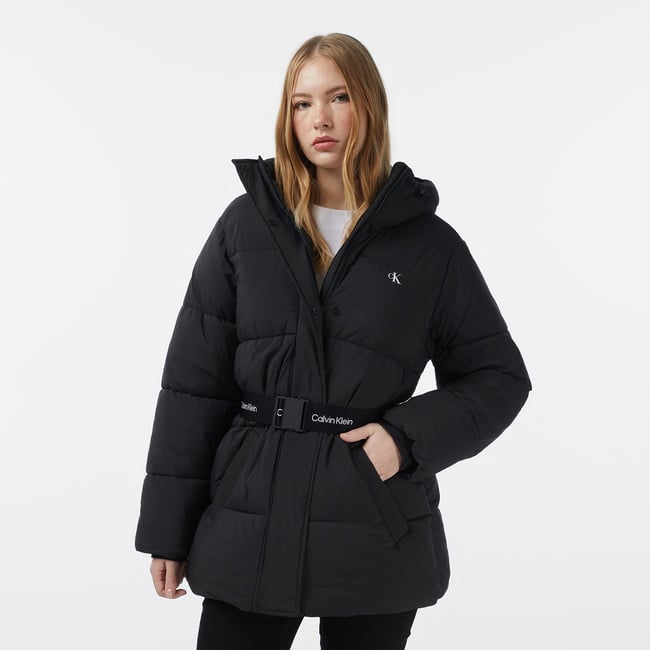  Calvin Klein Belted Midweight Puffer Kadın Siyah Mont