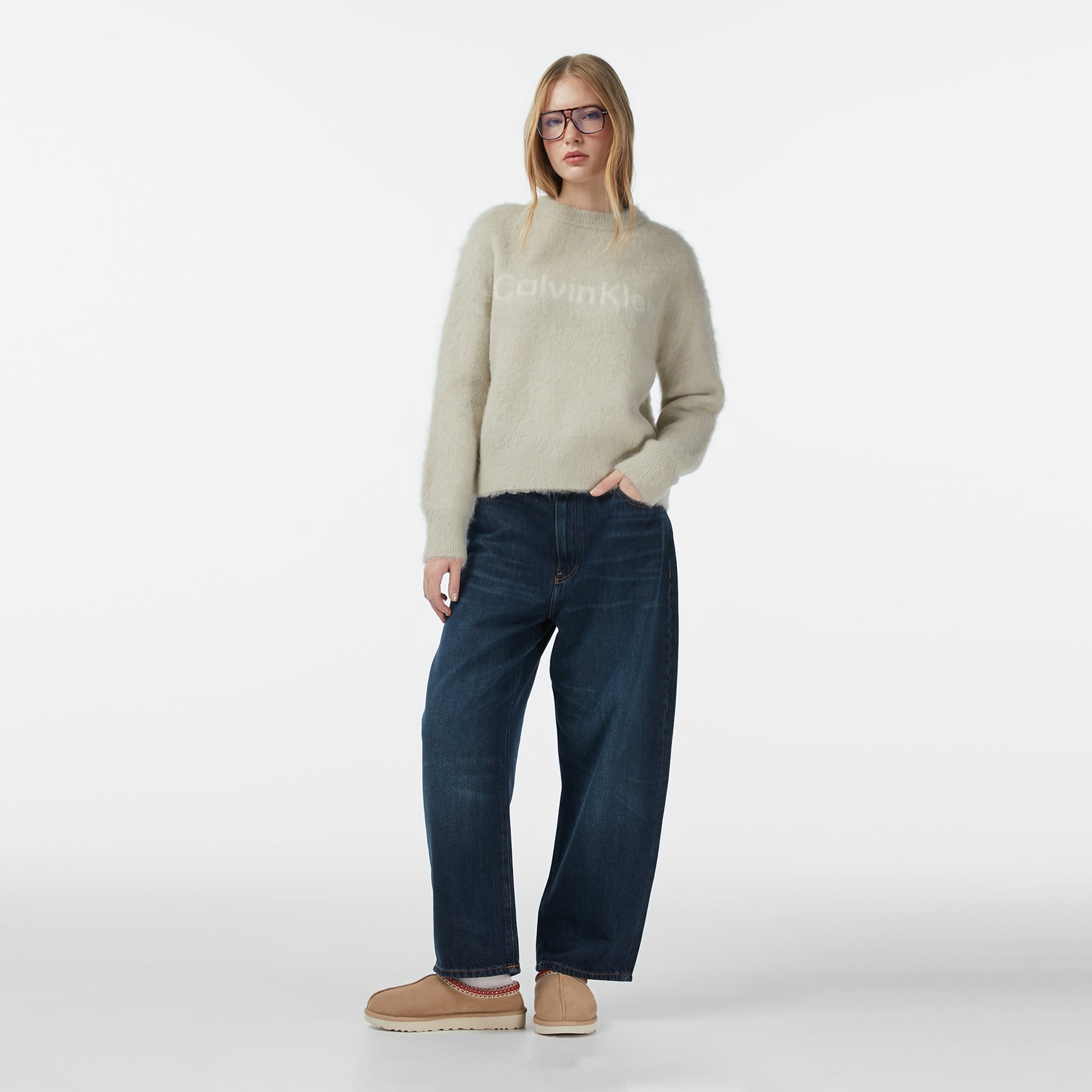 Calvin Klein Alpaca Logo Kadın Beyaz Triko