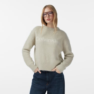  Calvin Klein Alpaca Logo Kadın Beyaz Triko