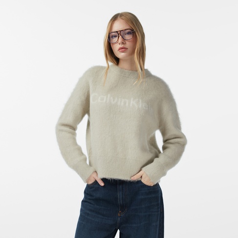  Calvin Klein Alpaca Logo Kadın Beyaz Triko
