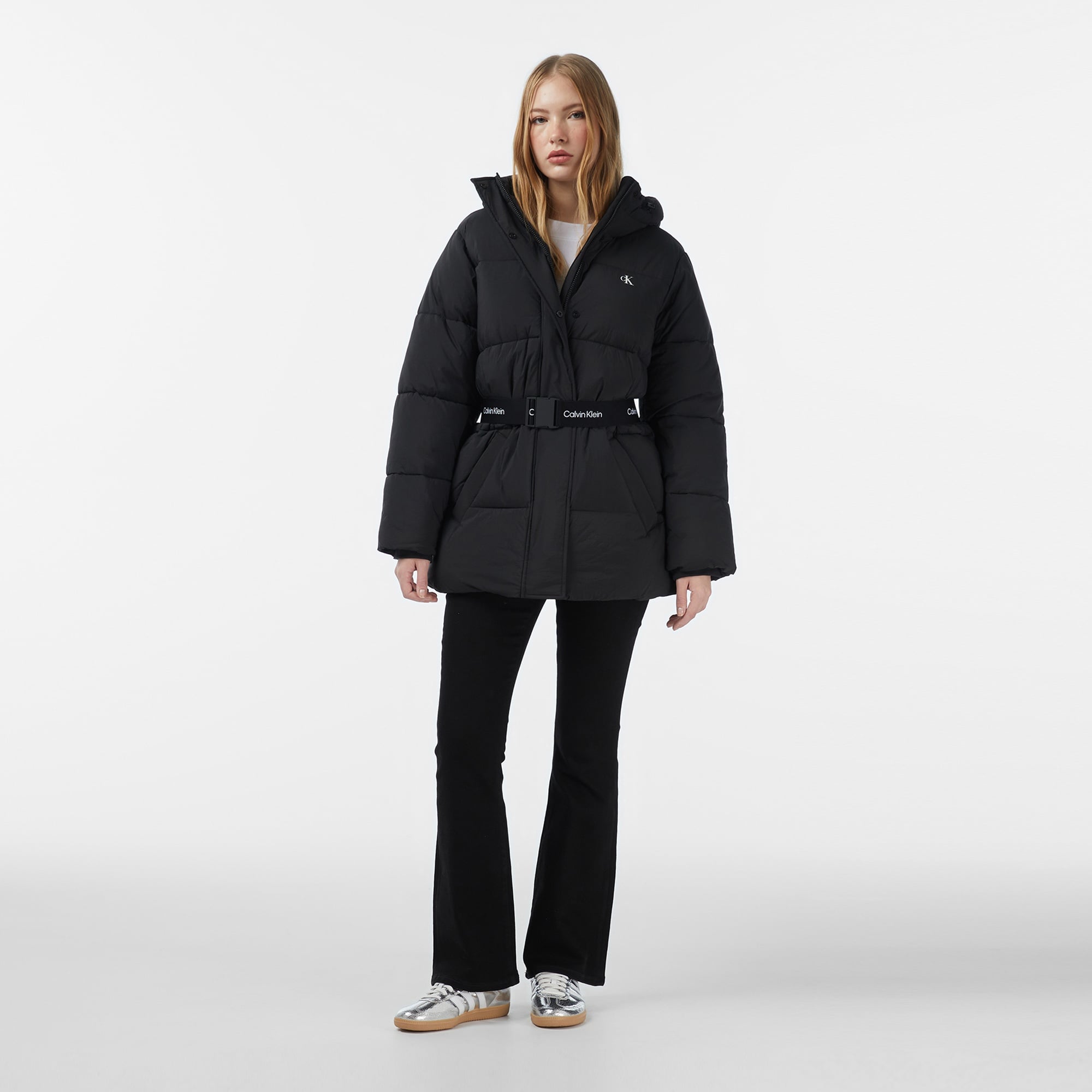 Calvin Klein Belted Midweight Puffer Kadın Siyah Mont