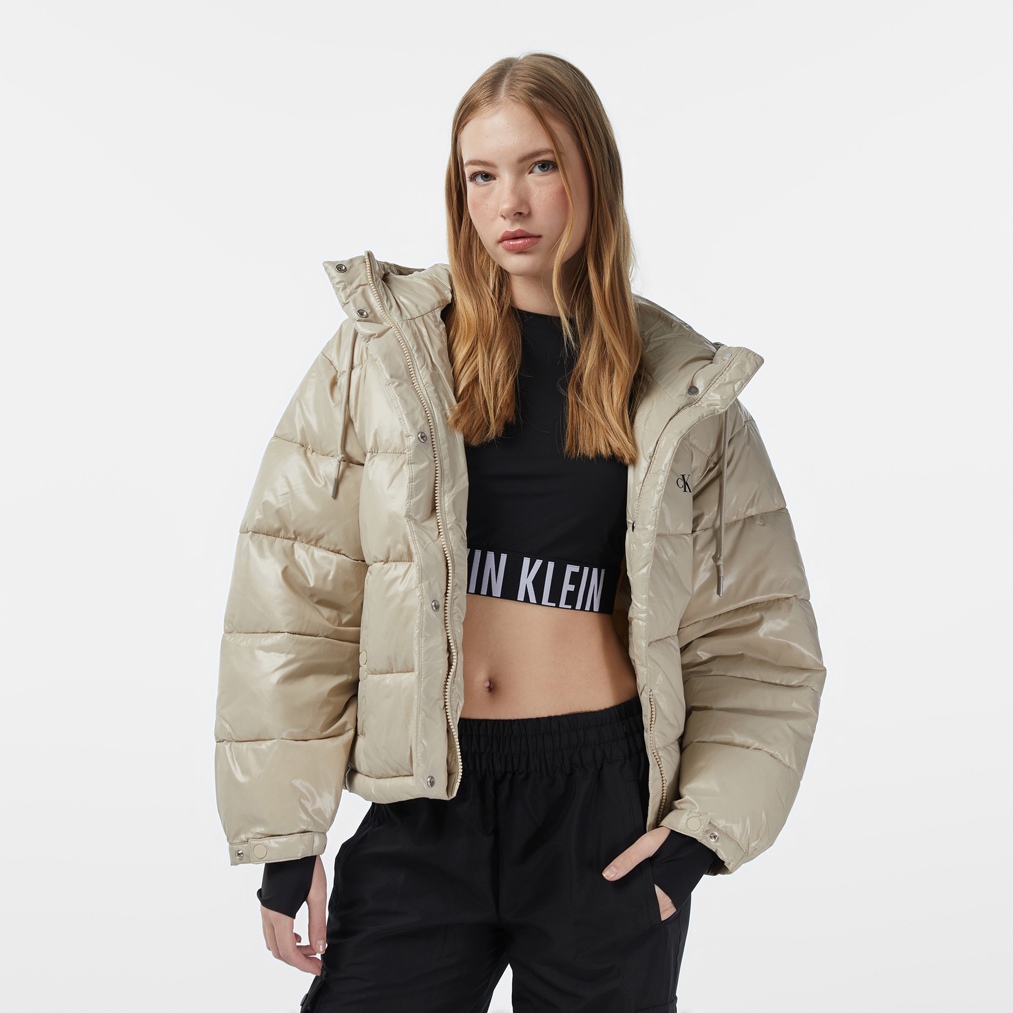Calvin Klein Shine Puffer Kadın Bej Mont