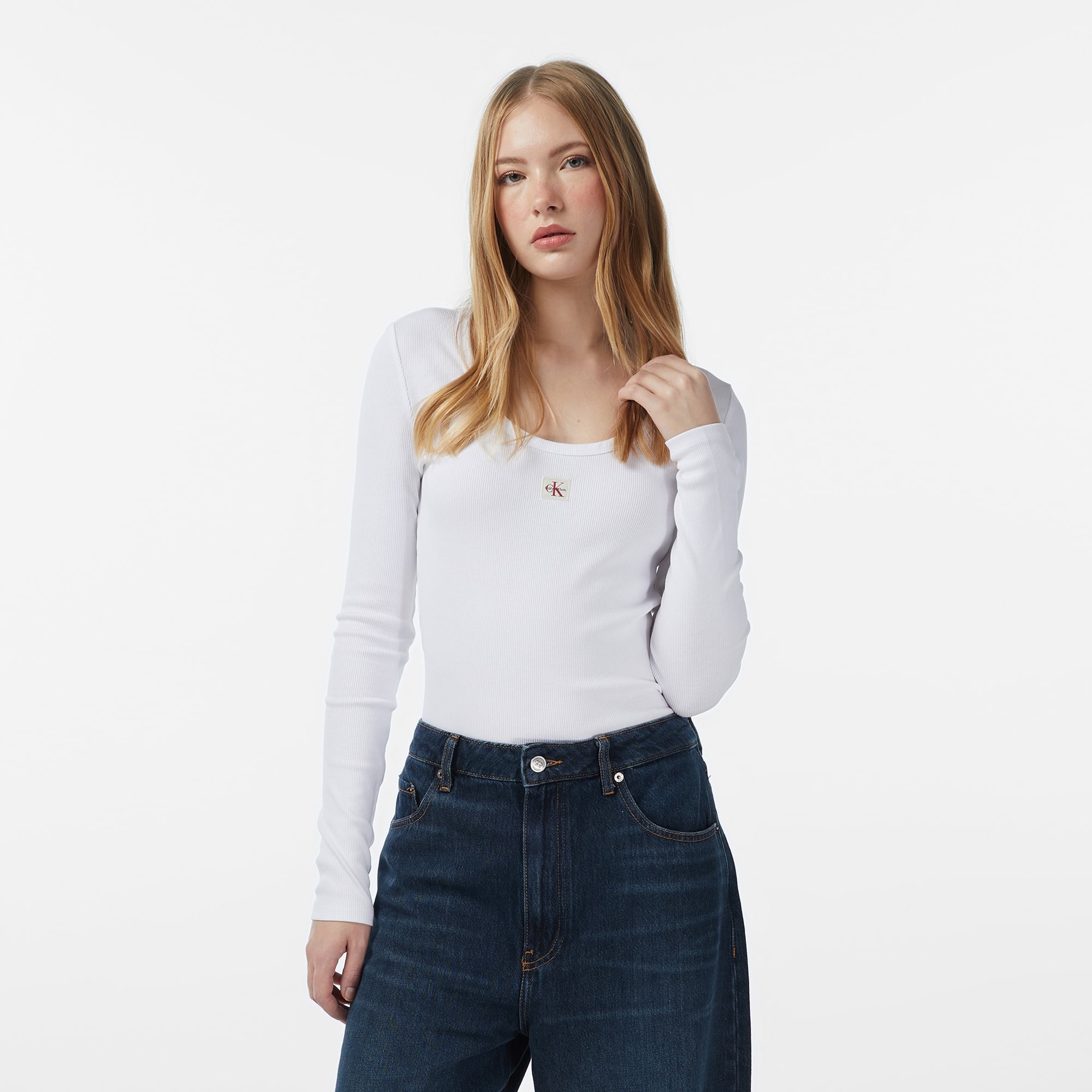 Calvin Klein Woven Label Kadın Beyaz T-Shirt