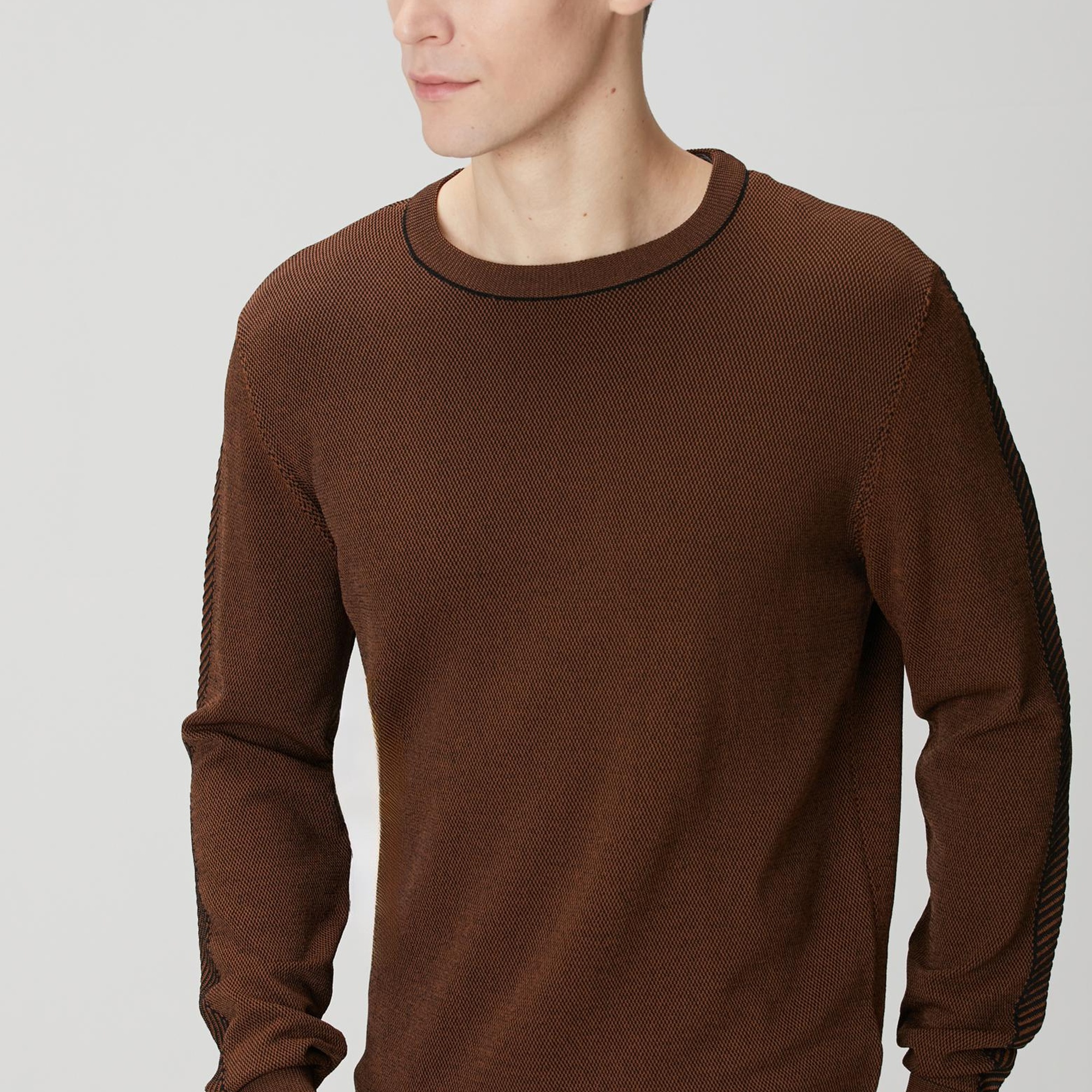 Network Erkek Kahverengi Kolu Jakar Detaylı Triko Kazak