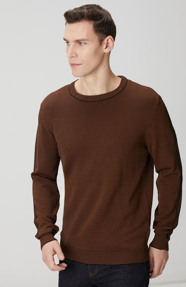  Network Erkek Kahverengi Kolu Jakar Detaylı Triko Kazak