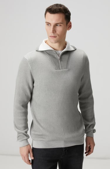  Network Erkek Açık Gri Dik Yaka Çift Renk Kazak