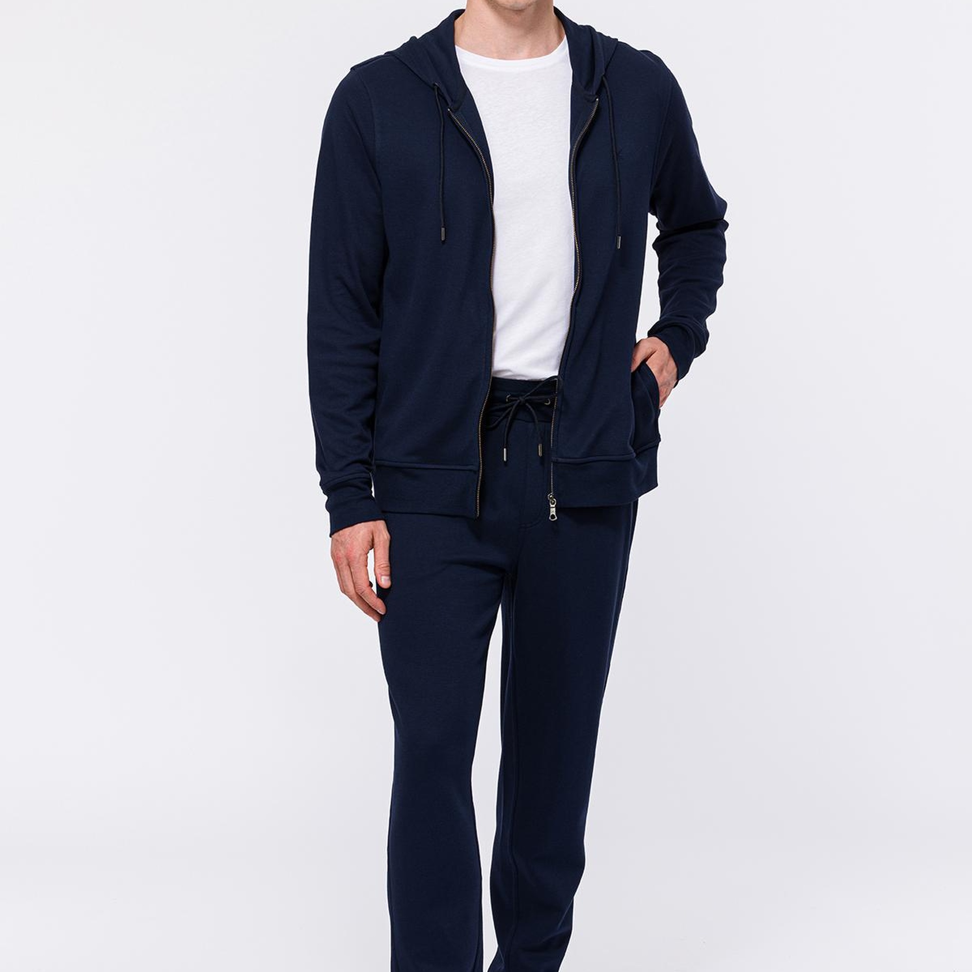 Erkek Lacivert Tam Fermuarlı Organik Pamuklu Kapüşonlu Sweatshirt