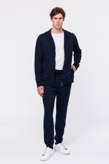  Erkek Lacivert Tam Fermuarlı Organik Pamuklu Kapüşonlu Sweatshirt