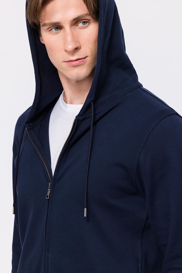  Erkek Lacivert Tam Fermuarlı Organik Pamuklu Kapüşonlu Sweatshirt