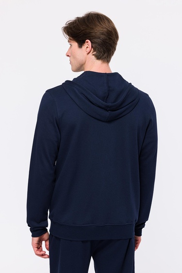  Erkek Lacivert Tam Fermuarlı Organik Pamuklu Kapüşonlu Sweatshirt