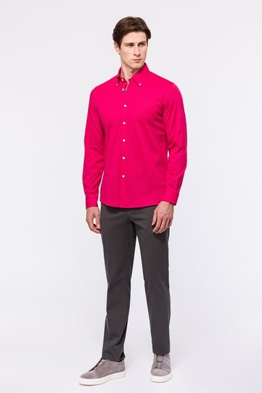  Erkek Koyu Pembe Cooper Fit Düğmeli Yaka Pike Gömlek