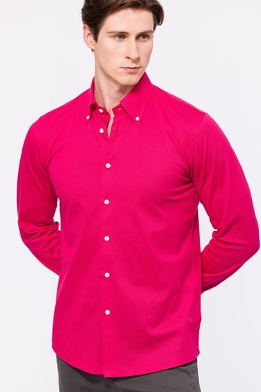  Erkek Koyu Pembe Cooper Fit Düğmeli Yaka Pike Gömlek