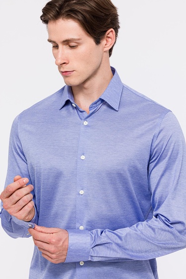  Erkek Mavi Cooper Fit Düğmeli Yaka Jersey Gömlek