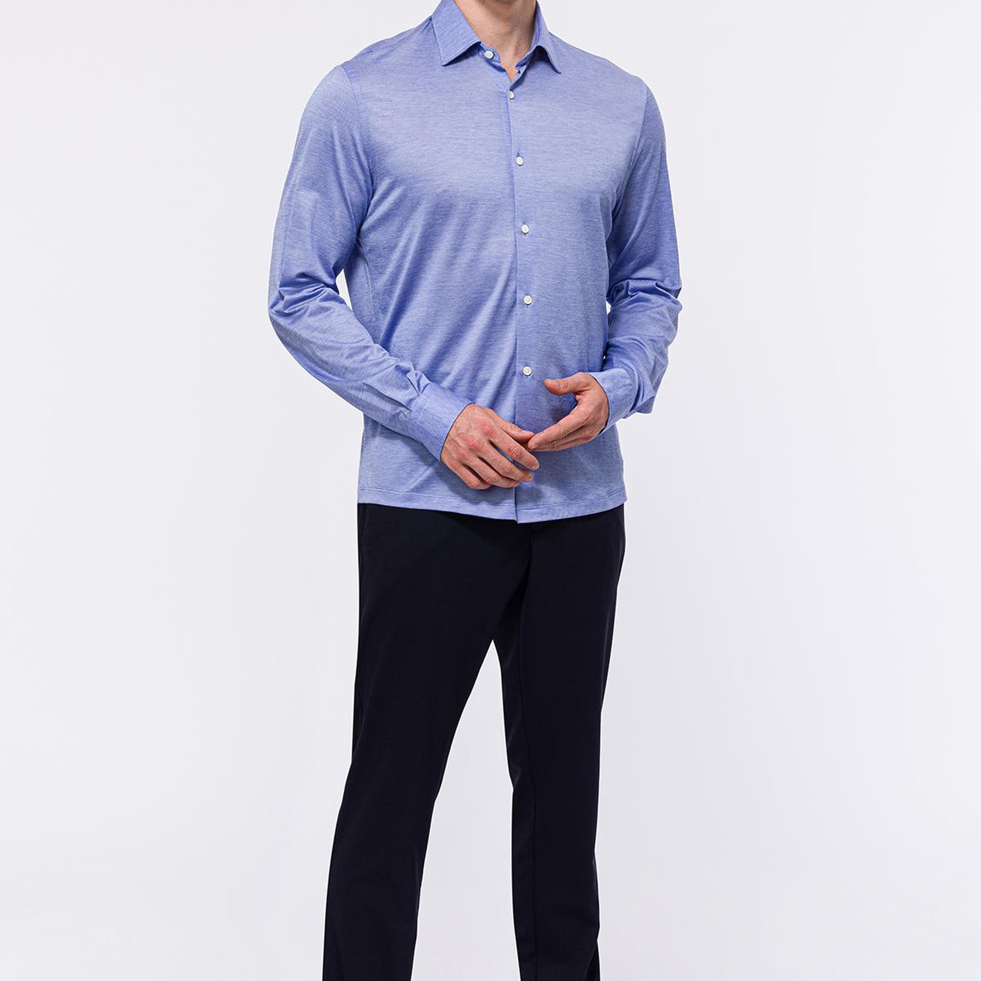 Erkek Mavi Cooper Fit Düğmeli Yaka Jersey Gömlek