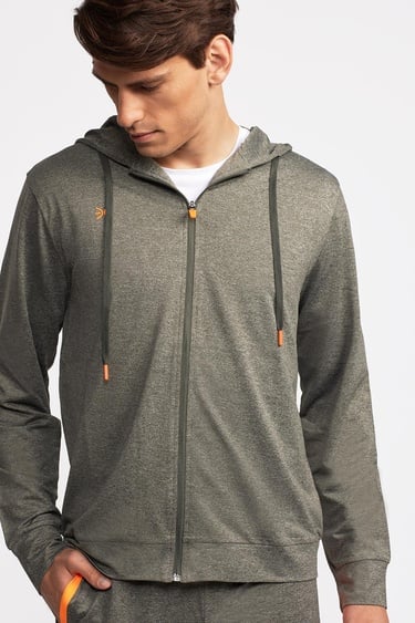  Erkek Yeşil Activewear Kapüşonlu Tam Fermuarlı Sweatshirt