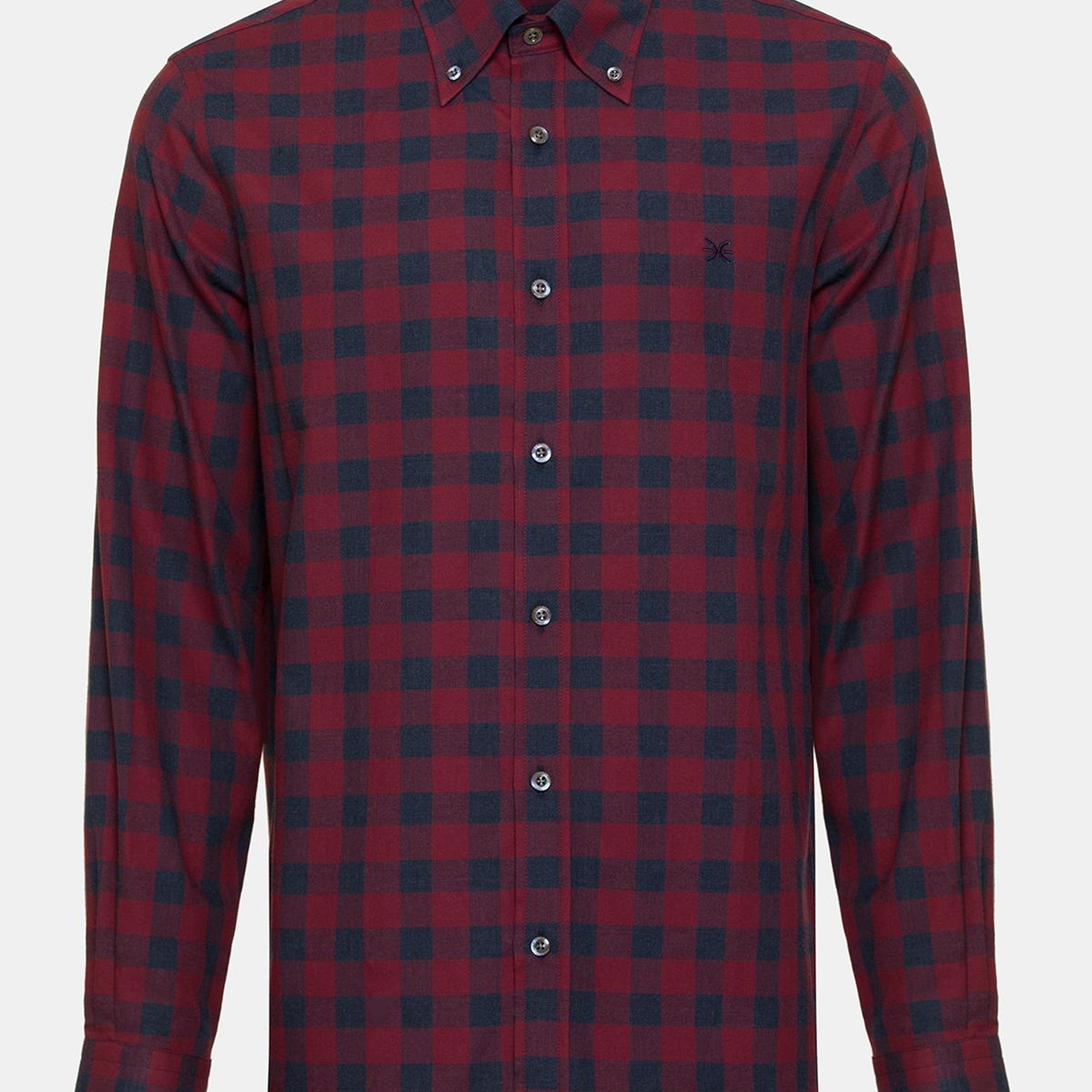 Erkek Kırmızı Cooper Fit Düğmeli Yaka Ekoseli Spor Gömlek