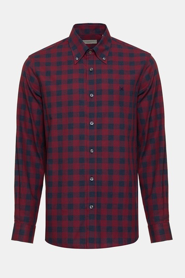  Erkek Kırmızı Cooper Fit Düğmeli Yaka Ekoseli Spor Gömlek