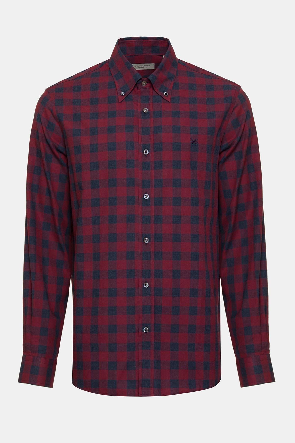  Erkek Kırmızı Cooper Fit Düğmeli Yaka Ekoseli Spor Gömlek