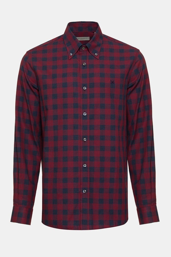  Erkek Kırmızı Cooper Fit Düğmeli Yaka Ekoseli Spor Gömlek