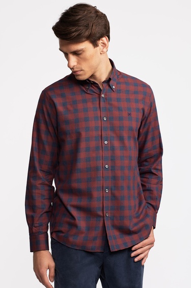  Erkek Kırmızı Cooper Fit Düğmeli Yaka Ekoseli Spor Gömlek