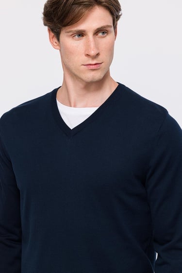  Erkek Lacivert Organik Pamuklu V Yaka Kazak