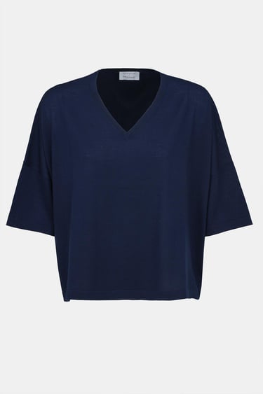  Kadın Lacivert Yün V Yaka Oversize Kazak