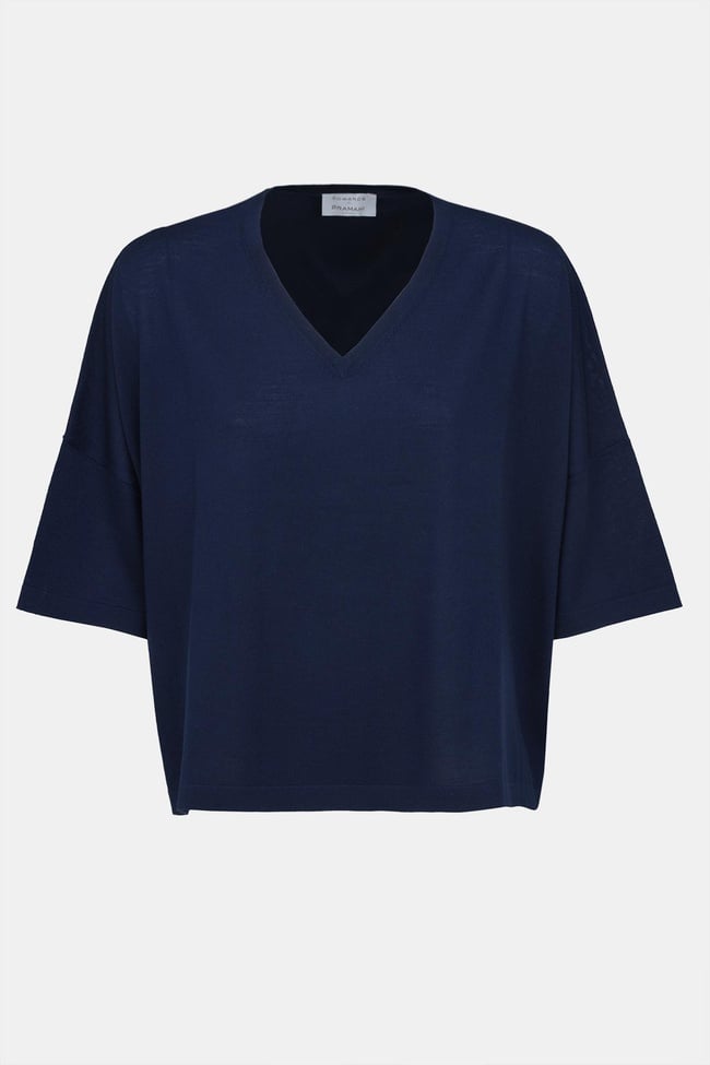  Kadın Lacivert Yün V Yaka Oversize Kazak