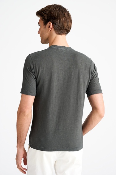  Erkek Yeşil Bisiklet Yaka Keten T-Shirt