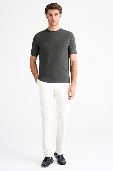  Erkek Yeşil Bisiklet Yaka Keten T-Shirt