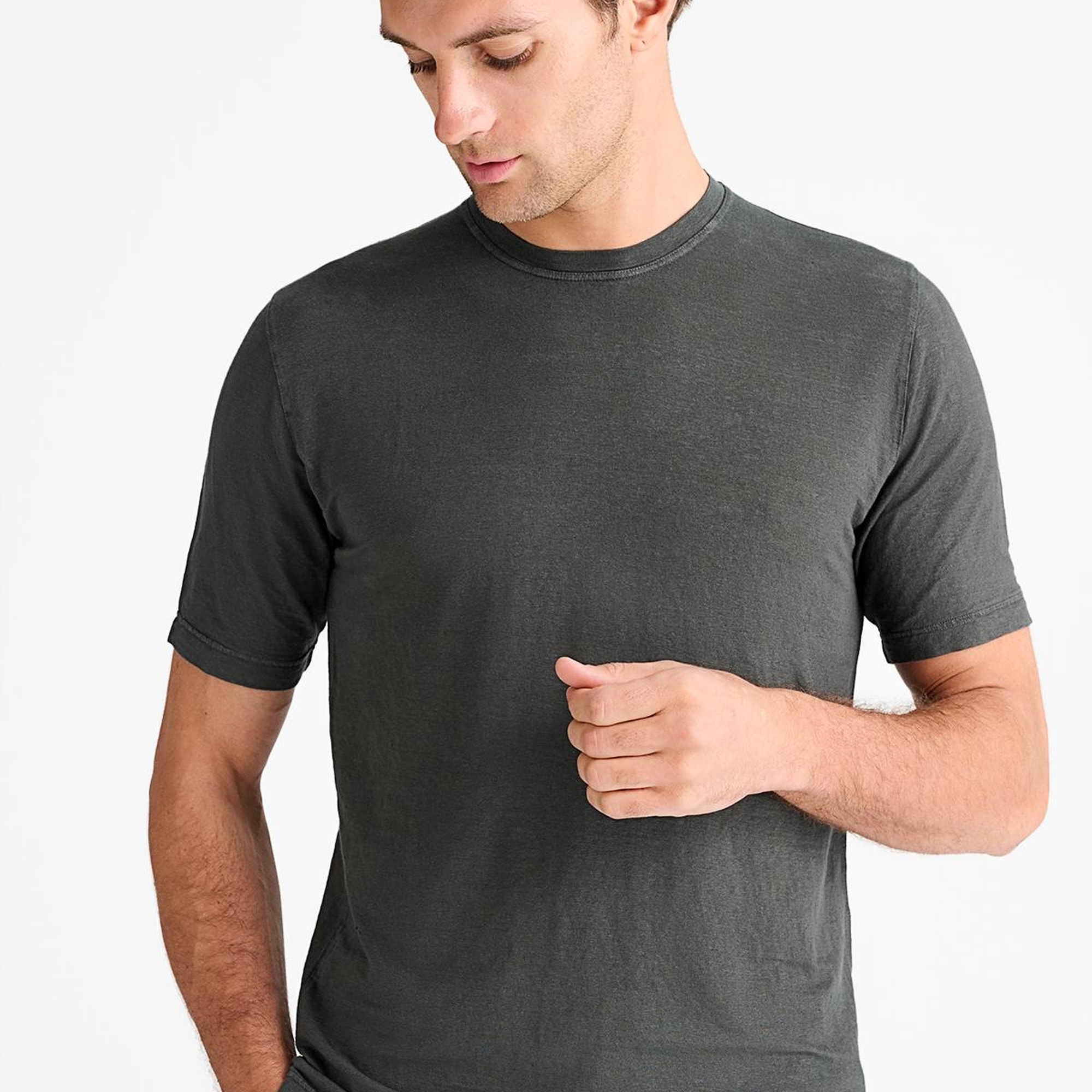 Erkek Yeşil Bisiklet Yaka Keten T-Shirt