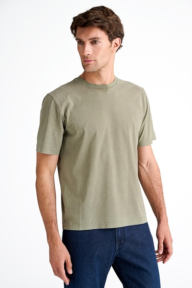  Erkek Bej Bisiklet Yaka T-Shirt