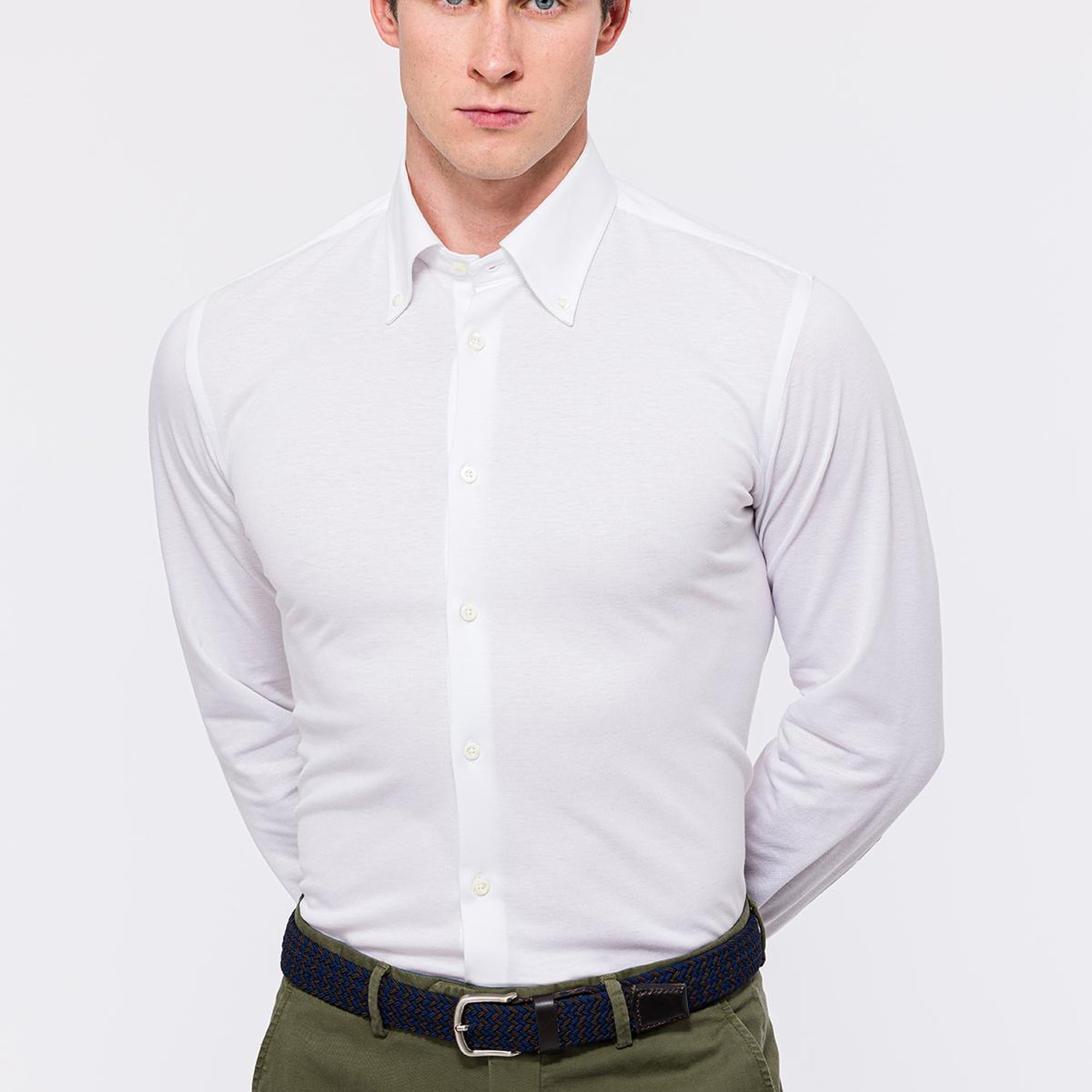 Erkek Beyaz Cooper Fit Düğmeli Yaka Pike Gömlek
