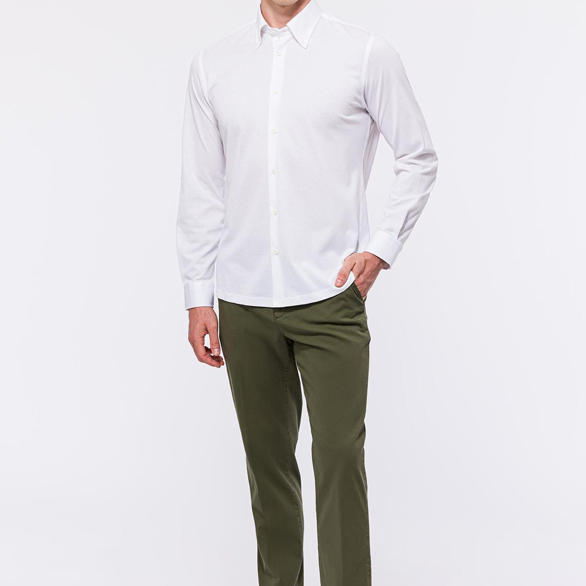 Erkek Beyaz Cooper Fit Düğmeli Yaka Pike Gömlek