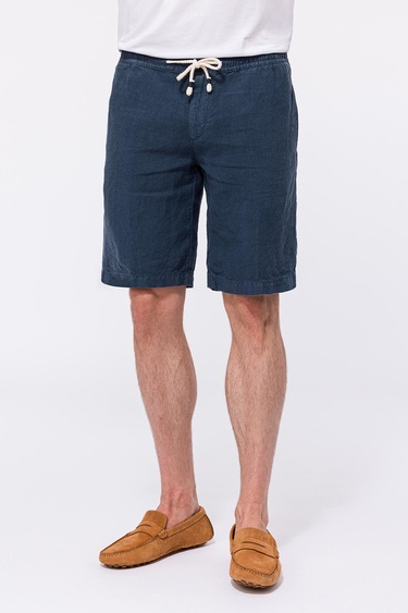  Erkek Lacivert Beli Lastikli Bağcıklı Keten Şort
