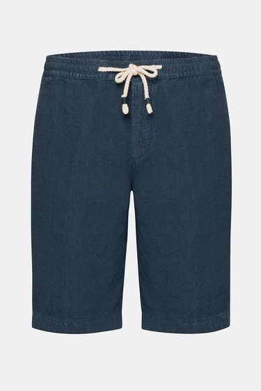  Erkek Lacivert Beli Lastikli Bağcıklı Keten Şort