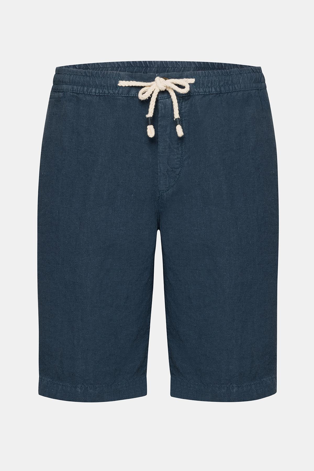  Erkek Lacivert Beli Lastikli Bağcıklı Keten Şort