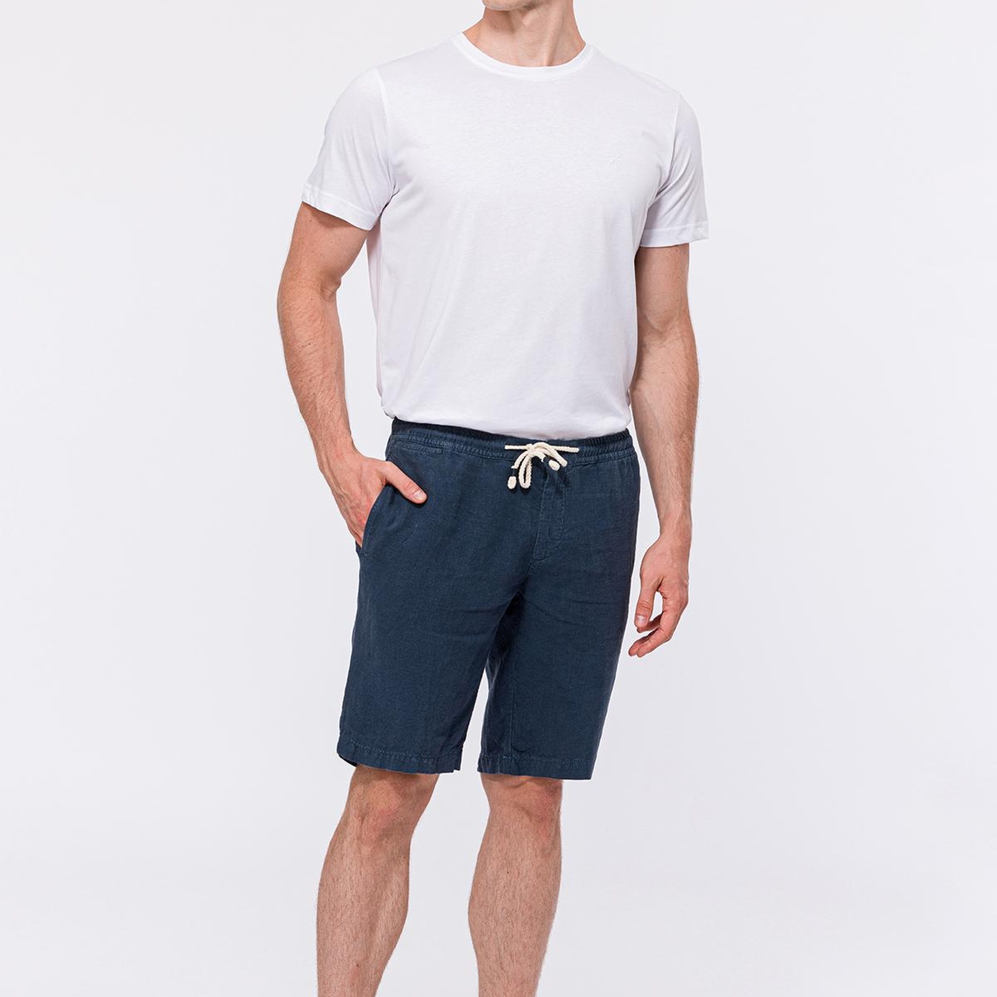 Erkek Lacivert Beli Lastikli Bağcıklı Keten Şort